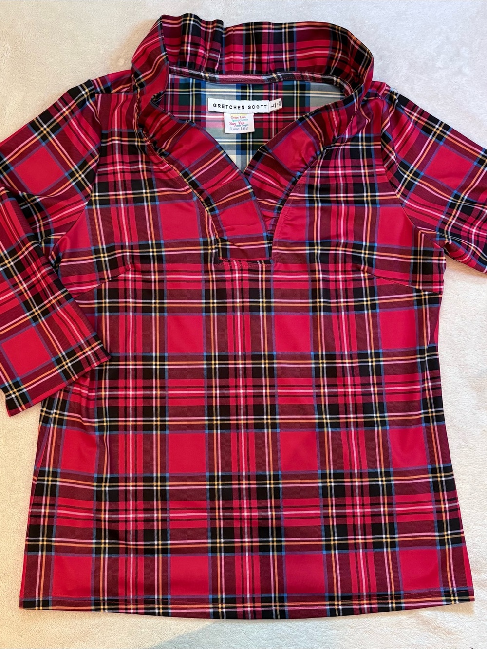 Gretchen Scott Designs Ruff Red Plaid Crossover Ruffled Collar Tunic Sz L - Picture 4 of 11